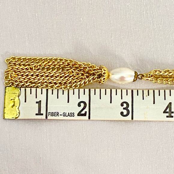 Gold Tone Twisted Cable Chain Necklace Two Strands Station Pearly Beads Tassle - Picture 8 of 9